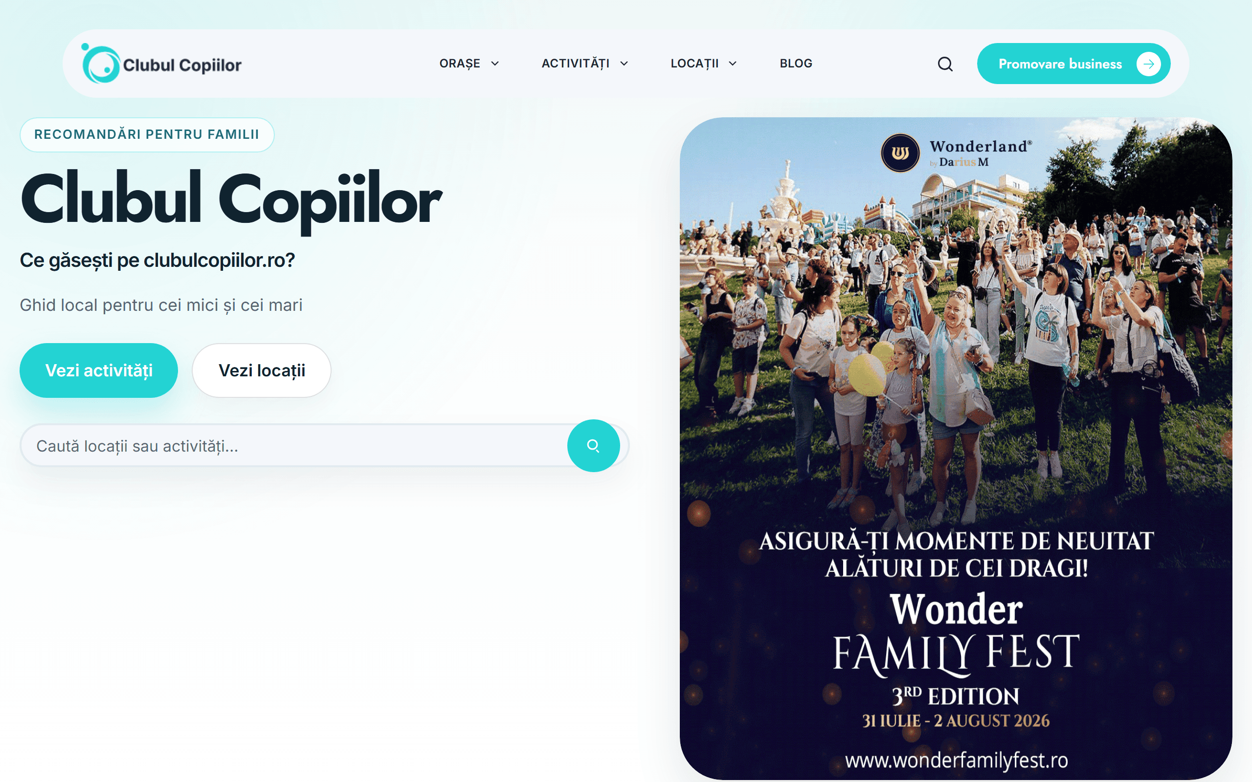 Homepage — căutare și acces rapid la locații și activități pe oraș