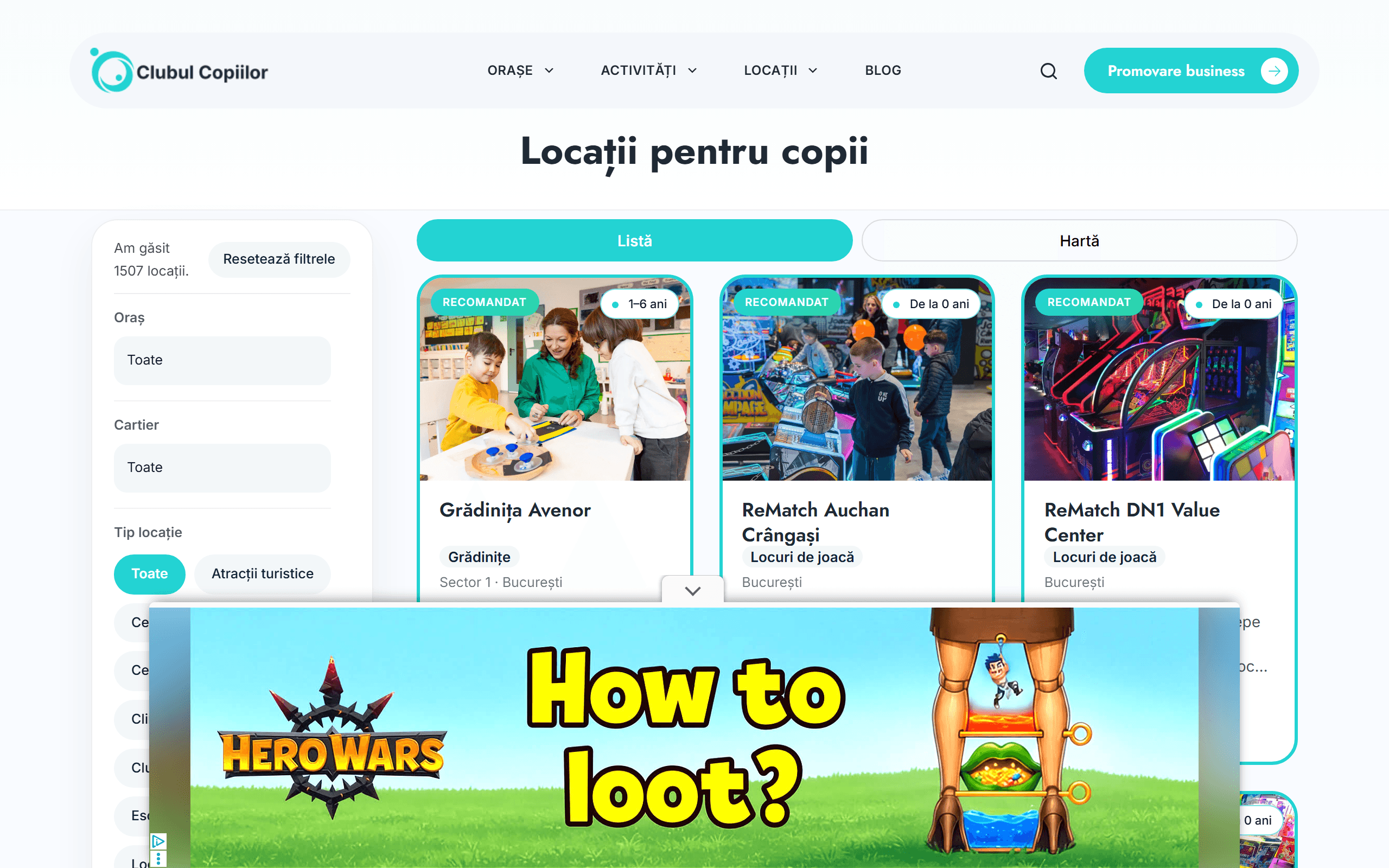 Arhivă locații — filtre pe vârstă și tip