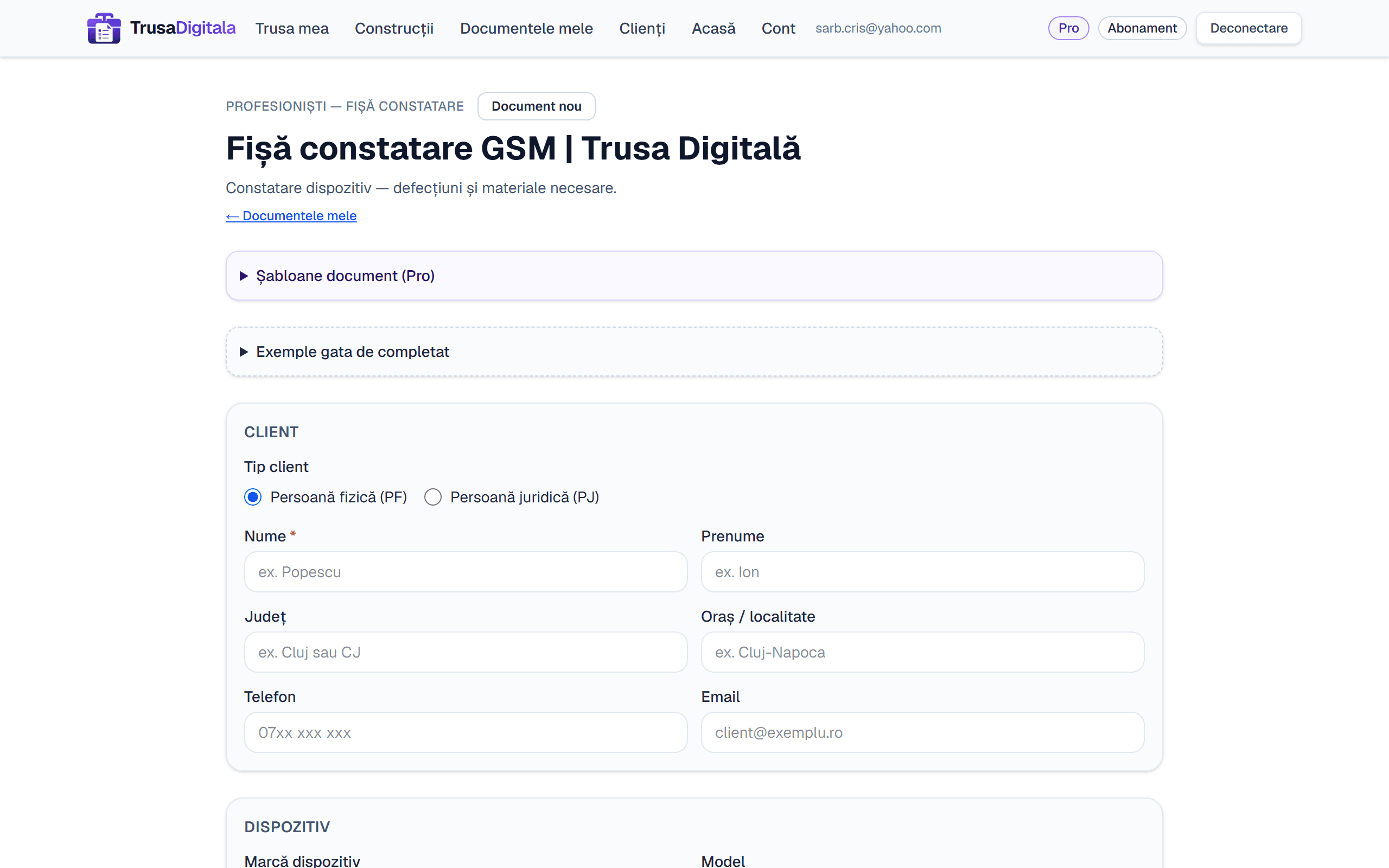 Fișă constatare GSM — obiect IMEI și linii de intervenție