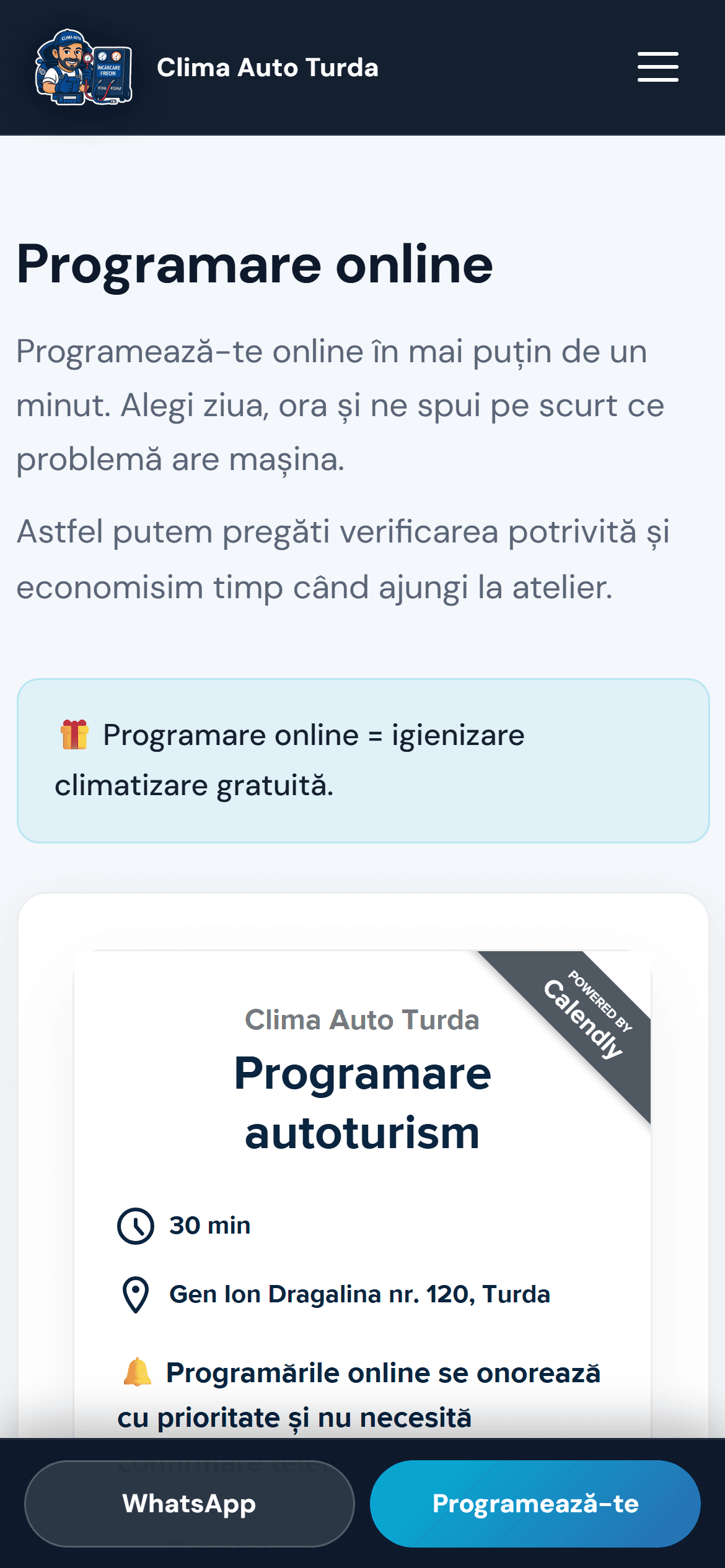 Programare online pe mobil — calendar Calendly în pagină