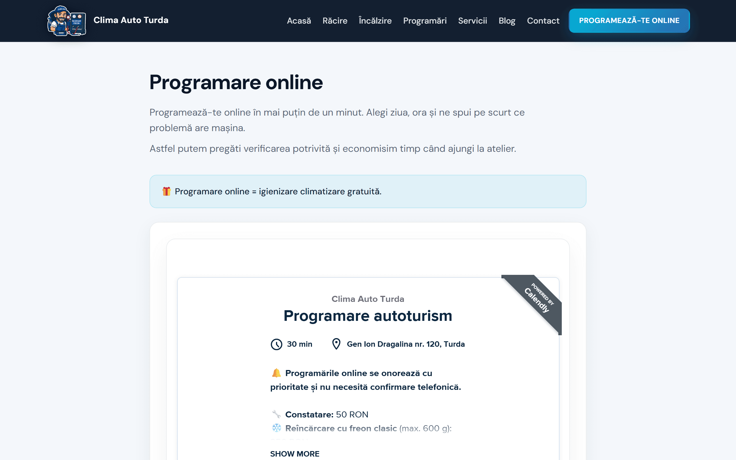 Pagina de programări — calendar integrat și formular rezervă