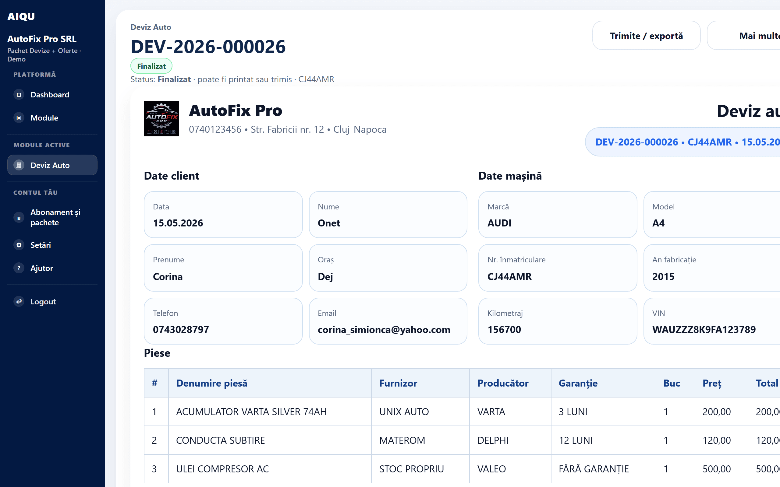 Deviz finalizat — Print, Email, WhatsApp